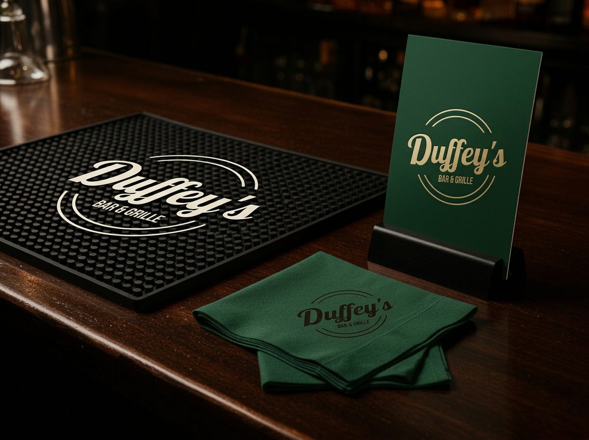 Duffey's branded bar mat, napkins, and table tent mockup