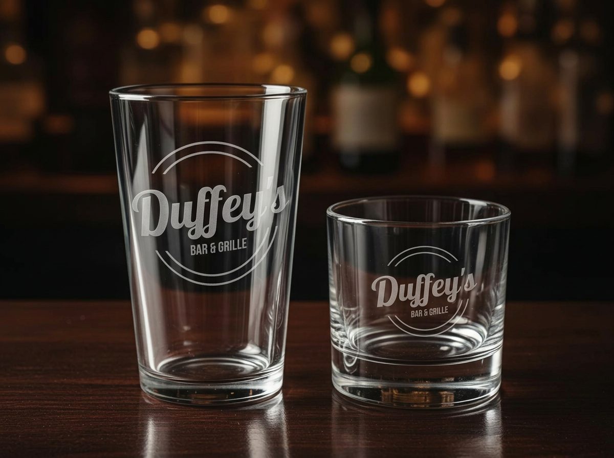 Duffey's branded pint and rocks glasses mockup