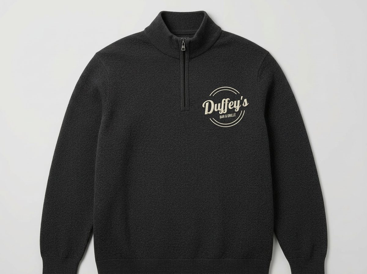 Duffey's branded quarter-zip — full logo