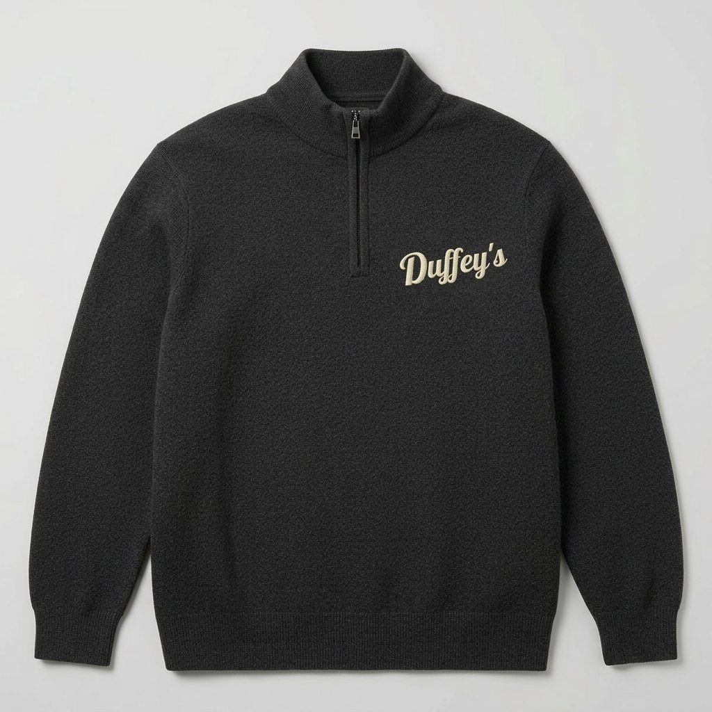 Duffey's quarter-zip — wordmark only